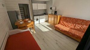 A compact living space with a kitchenette, a sofa, a dining table with chairs, and a washing machine.