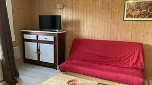 A wooden-paneled room with a red sofa, a wooden table with a bowl, and a television on a cabinet. - 50m from ski slopes, 6th floor, tv, 45m², Orcières Merlette 1850 (Orcières)