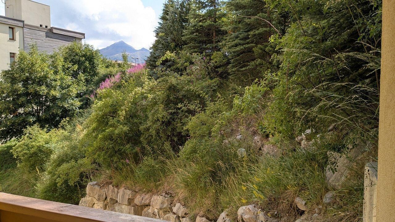 A mountainous landscape with dense vegetation and a building in the background.