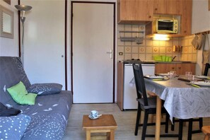 Cozy living space with a kitchenette, sofa, and dining table for two.