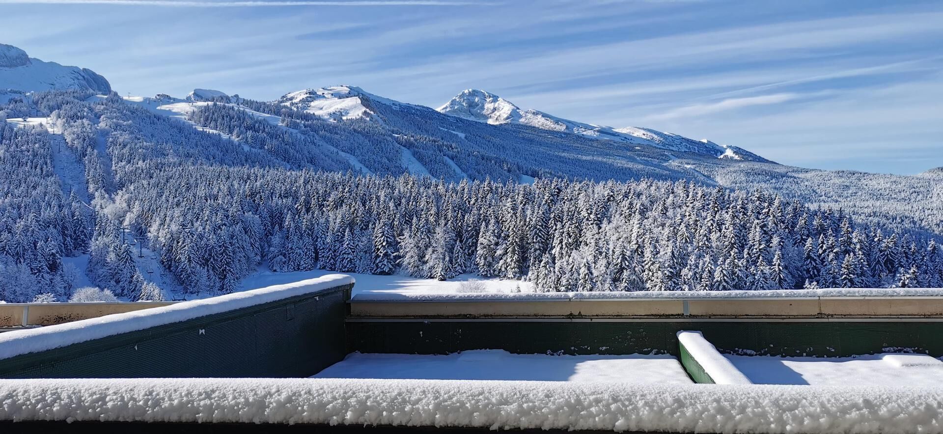 Berglandschap bedekt met sneeuw, met zicht op een dak en een groene balustrade.