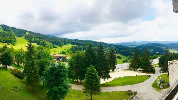 Une vue depuis un balcon donnant sur un paysage verdoyant, avec des arbres et un bâtiment visible au loin.