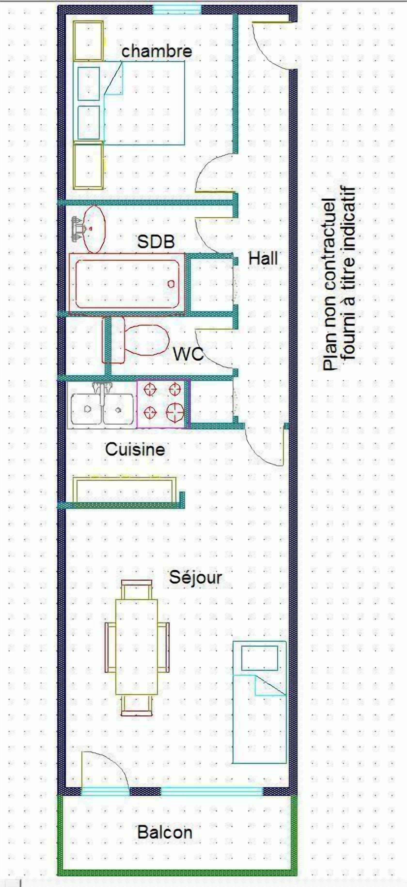 Un plan d’étage d’un hôtel indiquant les différentes pièces, notamment une chambre, une salle de bain, une cuisine, un coin repas, un salon et un balcon.