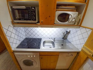 A compact kitchen with a built-in stove, a microwave, a sink, and a dishwasher.
