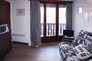 A room with a wooden floor, a sofa with patterned upholstery, a television on a stand, a radiator, and a door with a white fence.