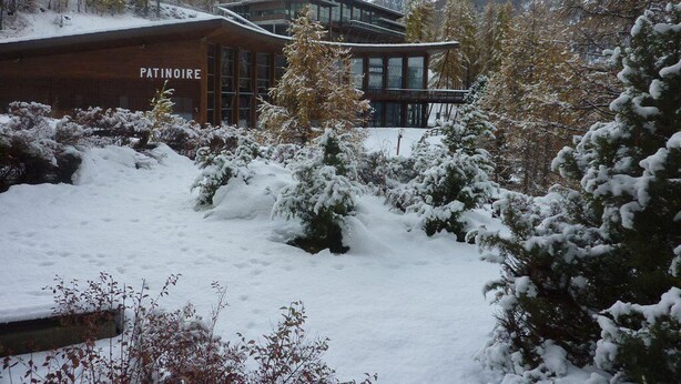 A modern building named 'Patinoire' surrounded by snow-covered trees and mountains. - Resort center, balcony, tv, 25m², Les Orres (Les Orres)