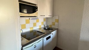 Une cuisine compacte équipée d’un four à micro-ondes, d’une cuisinière, d’un évier et d’un lave-vaisselle.