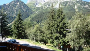 A mountain view from a balcony with a wooden railing, overlooking a road with a vehicle and dense forest.