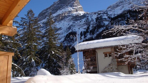 A wooden cabin with a snow-covered roof, surrounded by snow-covered trees and mountains in the background. - 200m from ski slopes, Ground floor, terrace, tv, ski locker, 43m², Pralognan-la-Vanoise (Pralognan-la-Vanoise)