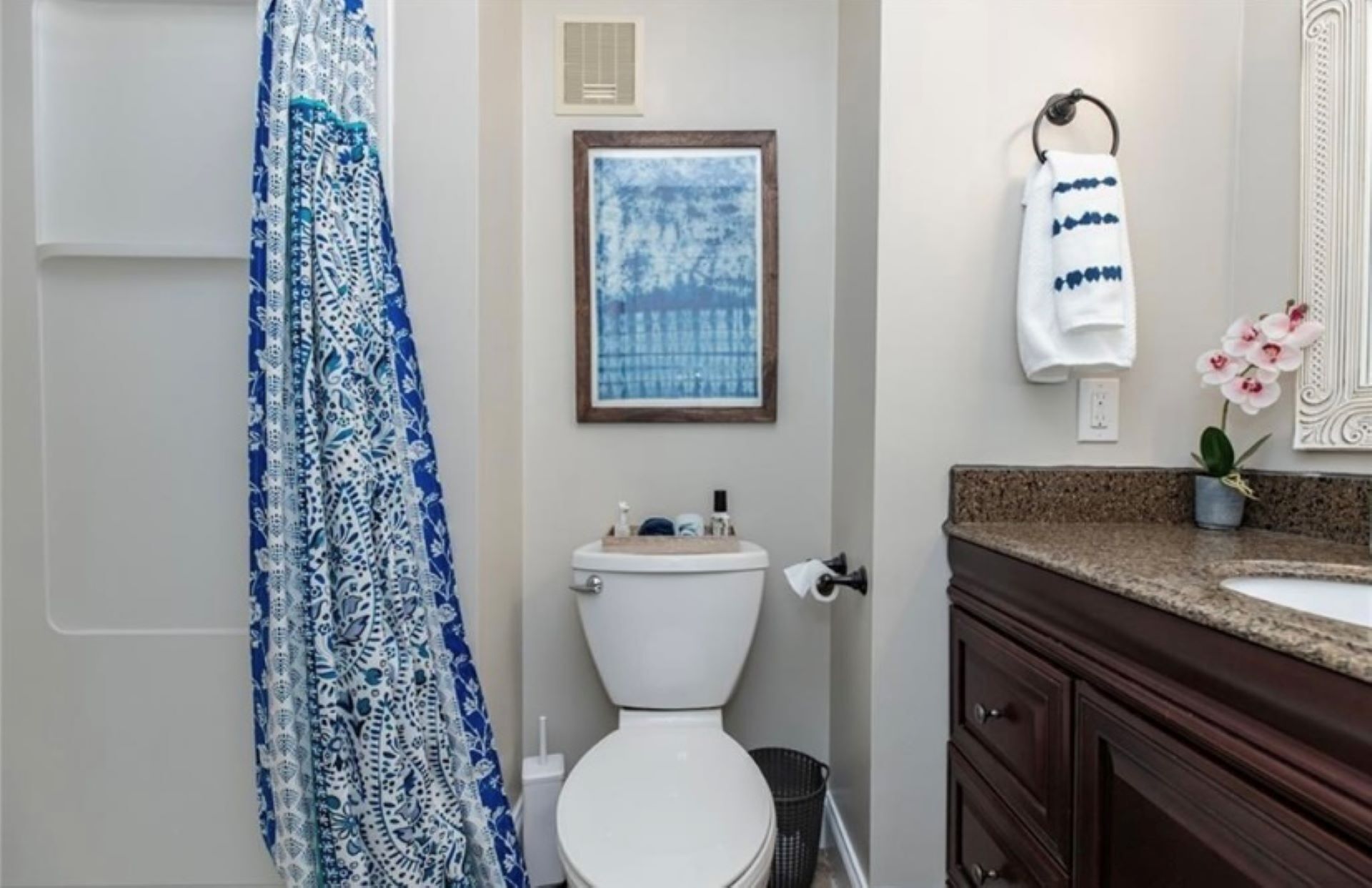 Un bagno con un water, un lavandino, un mobile lavabo, un quadro incorniciato e una tenda da doccia.