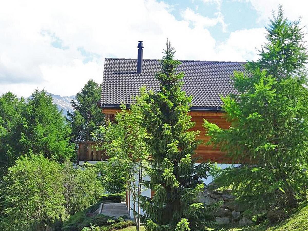 A house with a tiled roof, surrounded by trees and a mountain in the background.