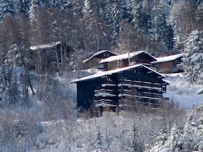 A wooden cabin with multiple levels, surrounded by snow-covered trees and a mountainous backdrop. - 350m from ski lifts, 4th floor, balcony, parking, tv, 32m², La Norma (La Norma)