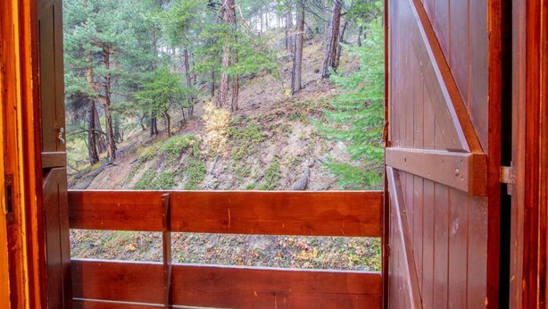 Une cabane en bois offrant une vue sur une colline boisée.