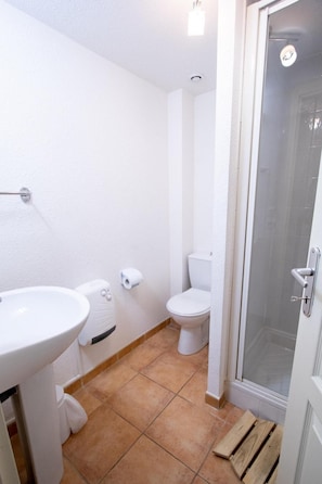 A bathroom with a white sink, toilet, and shower. - Chalet, 300m from resort center, Ground floor, balcony, parking, tv, ski locker, 45m², La Norma (La Norma)