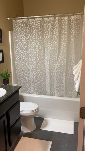 Combined shower/tub, hair dryer, towels, toilet paper