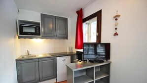 A compact kitchen with grey cabinets, a microwave, a dishwasher, and a television on a stand. - 300m from ski slopes, 1st floor, balcony, parking, tv, ski locker, 35m², La Norma (Villarodin-Bourget)