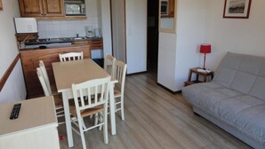 Um espaço compacto com cozinha compacta, área de refeições com mesa e cadeiras, e um sofá.