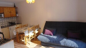 A compact living space with a kitchenette, a dining table with chairs, and a sofa with cushions.