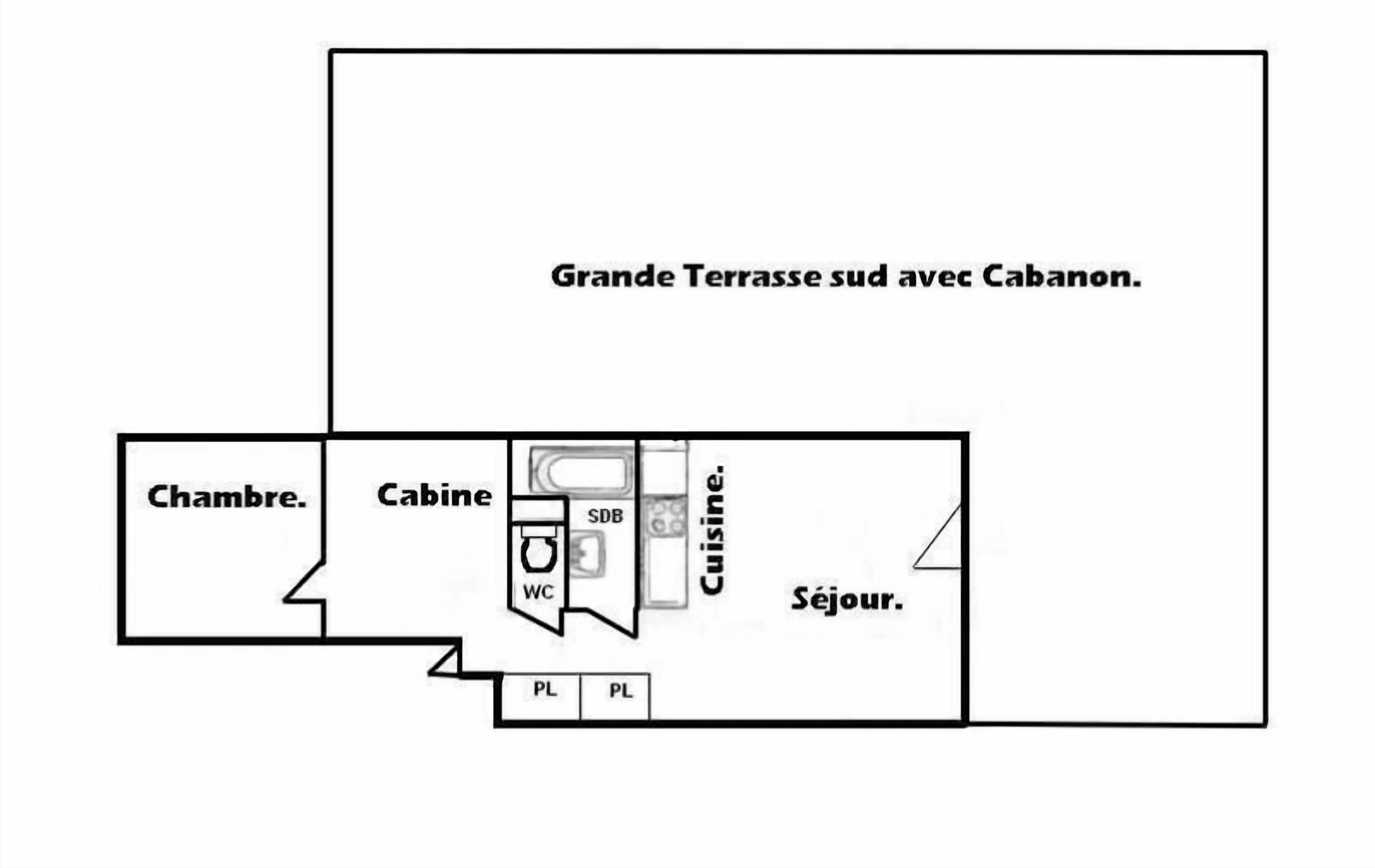 A hotel layout with a large terrace, a bedroom, a bathroom, a kitchen, and a sitting area.