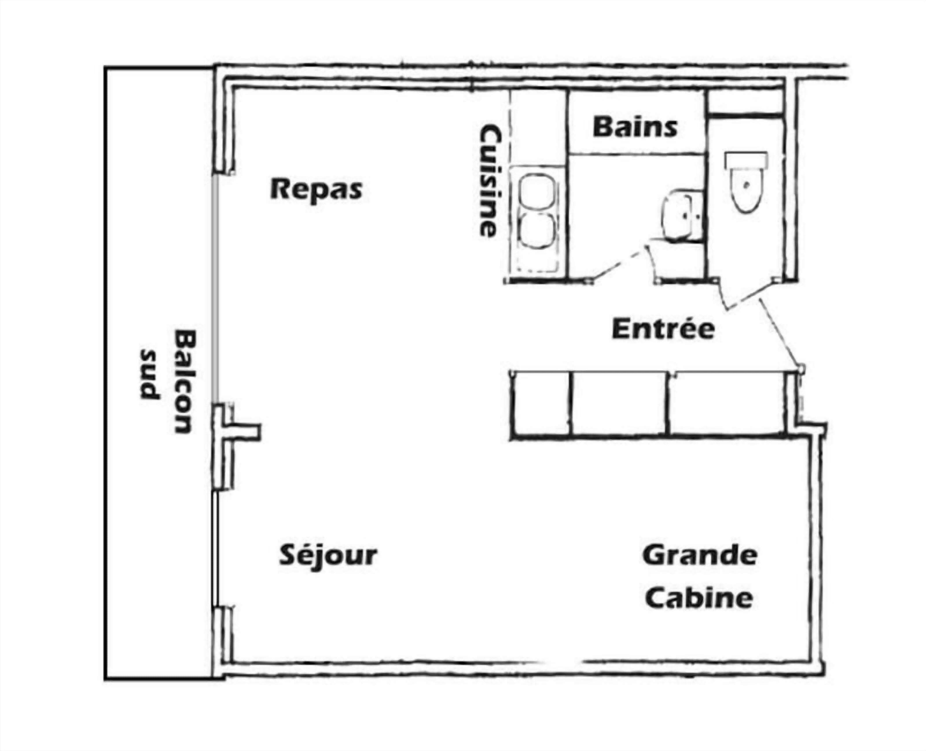 Ein Grundriss eines Hotels mit Balkon, Essbereich, Küche, Bad, Wohnzimmer und einem großzügigen Schlafzimmer.