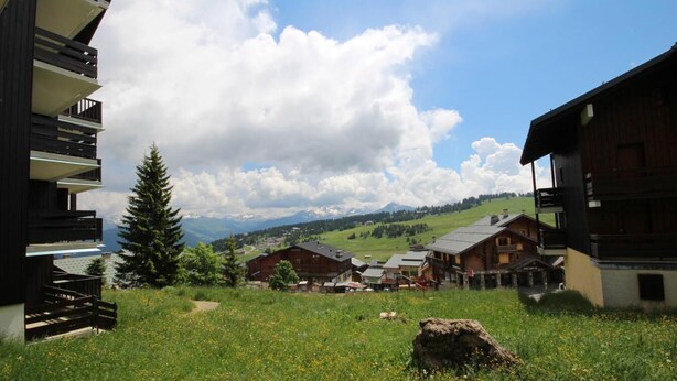 A rural village with traditional wooden houses, a large tree, and a mountain range in the background. - 300m from ski slopes, Ground floor, view mountain, balcony, tv, 28m², Les Saisies (Les Saisies)