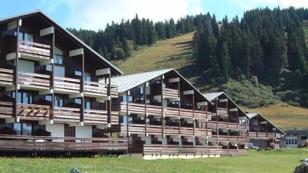A row of wooden cabins with balconies, set in a grassy field with a forested hill in the background. - 200m from ski slopes, 1st floor, view ski slopes, balcony, tv, ski locker, 24m², Les Saisies (Les Saisies)