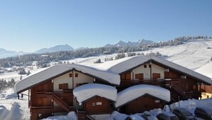Eine Holzhütte mit geneigtem Dach, umgeben von schneebedeckten Bergen und blauem Himmel.