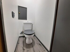 A small, narrow bathroom with a toilet, a wall-mounted cabinet, and a door.
