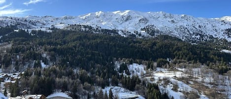 A mountain landscape with snow-covered peaks and a forested valley.