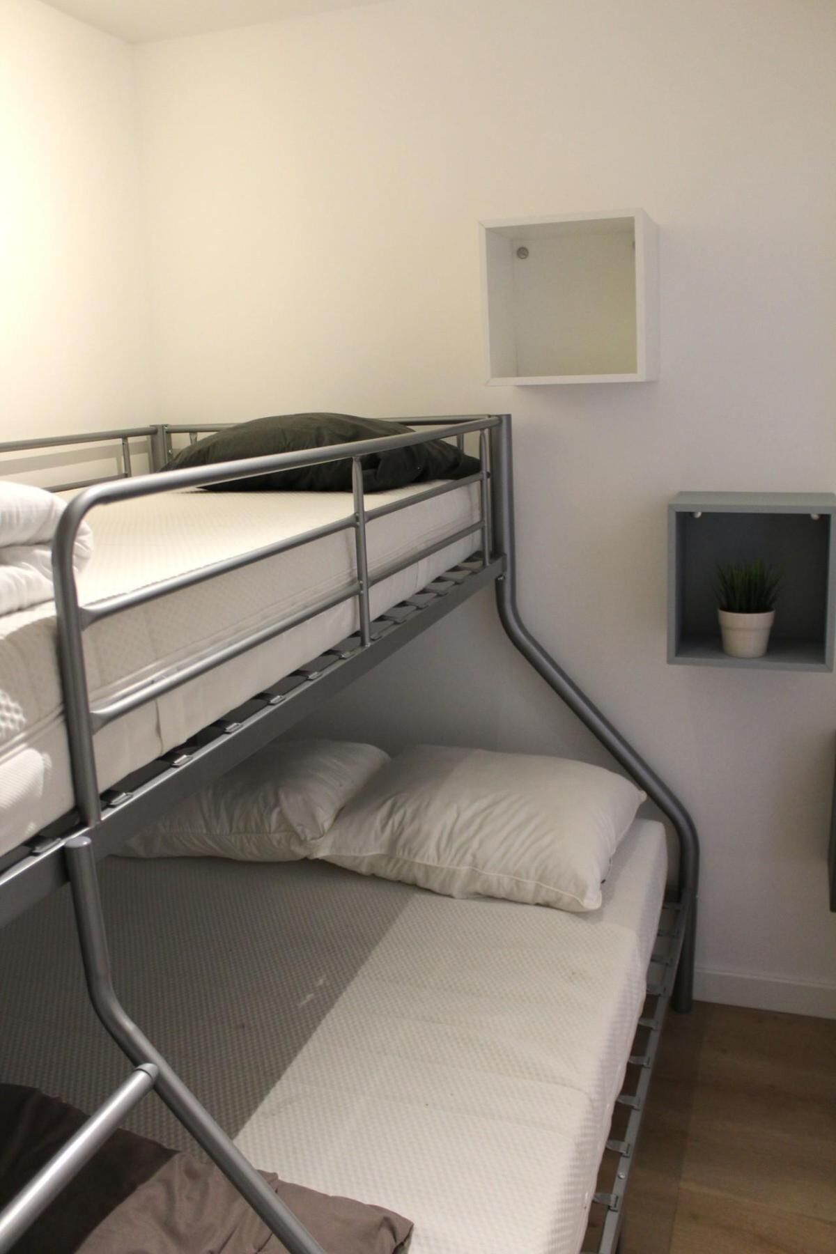 Dormitorio con literas, una pequeña estantería y una planta en maceta.