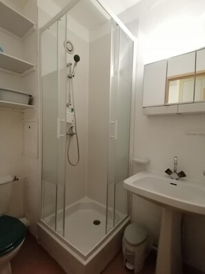 A bathroom with a glass-enclosed shower, a white sink, and a toilet.