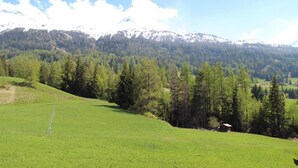 Ein grünes Feld mit einem kleinen Gebäude und einem bewaldeten Gebirgszug im Hintergrund.