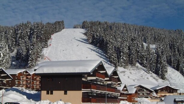 A snow-covered ski resort with chalet-style lodges, a ski slope, and a forested backdrop. - 300m from ski slopes, 2nd floor, view panoramic, balcony, tv, ski locker, 45m², Les Saisies (Les Saisies)