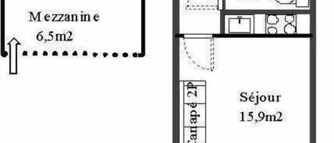 A hotel layout with a 6.5m2 mezzanine, a 15.9m2 sitting area, a balcony, and a 2.3m2 entrance.