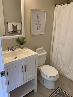 Combined shower/tub, hair dryer, towels, soap