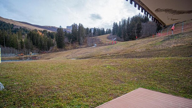 A wooden deck overlooking a grassy hillside with a mountain backdrop. - View ski slopes, terrace, tv, ski locker, 42m², Valmorel (Valmorel)