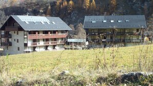 A two-story building with a sloped roof, balconies, and a small attached structure. - Ground floor, balcony, parking, tv, ski locker, 20m², Valloire (Valloire)