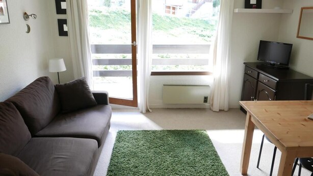 A living room with a brown sofa, a green rug, a wooden table, a TV, and a sliding glass door leading to a balcony. - Ground floor, balcony, parking, tv, ski locker, 20m², Valloire (Valloire)