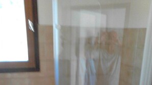 A bathroom with a glass-enclosed shower, a white bathtub, and a sink with a blue soap dispenser. - Ground floor, balcony, parking, tv, ski locker, 20m², Valloire (Valloire)