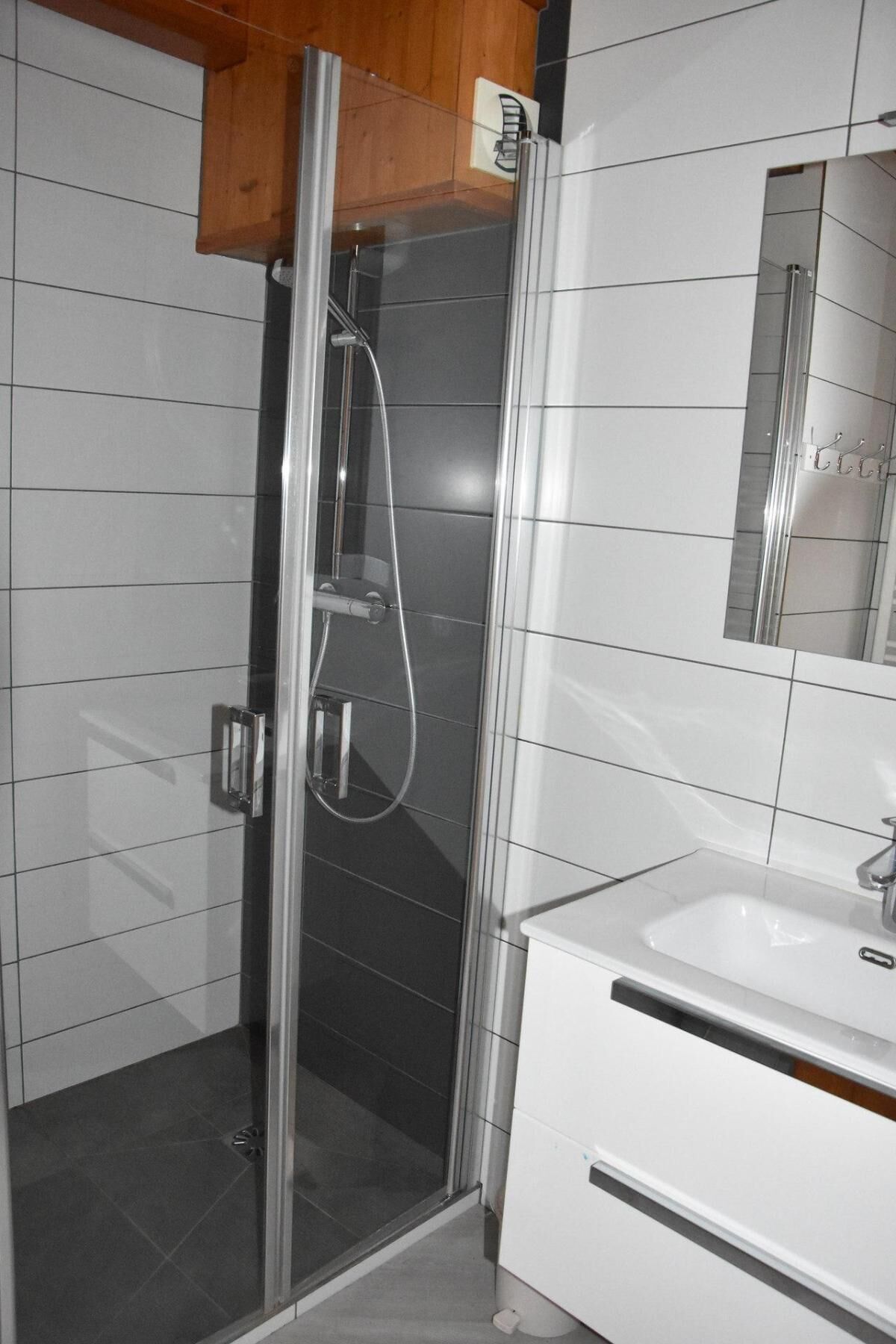 A modern bathroom with a glass-enclosed shower, a white sink, and a mirror above the sink.