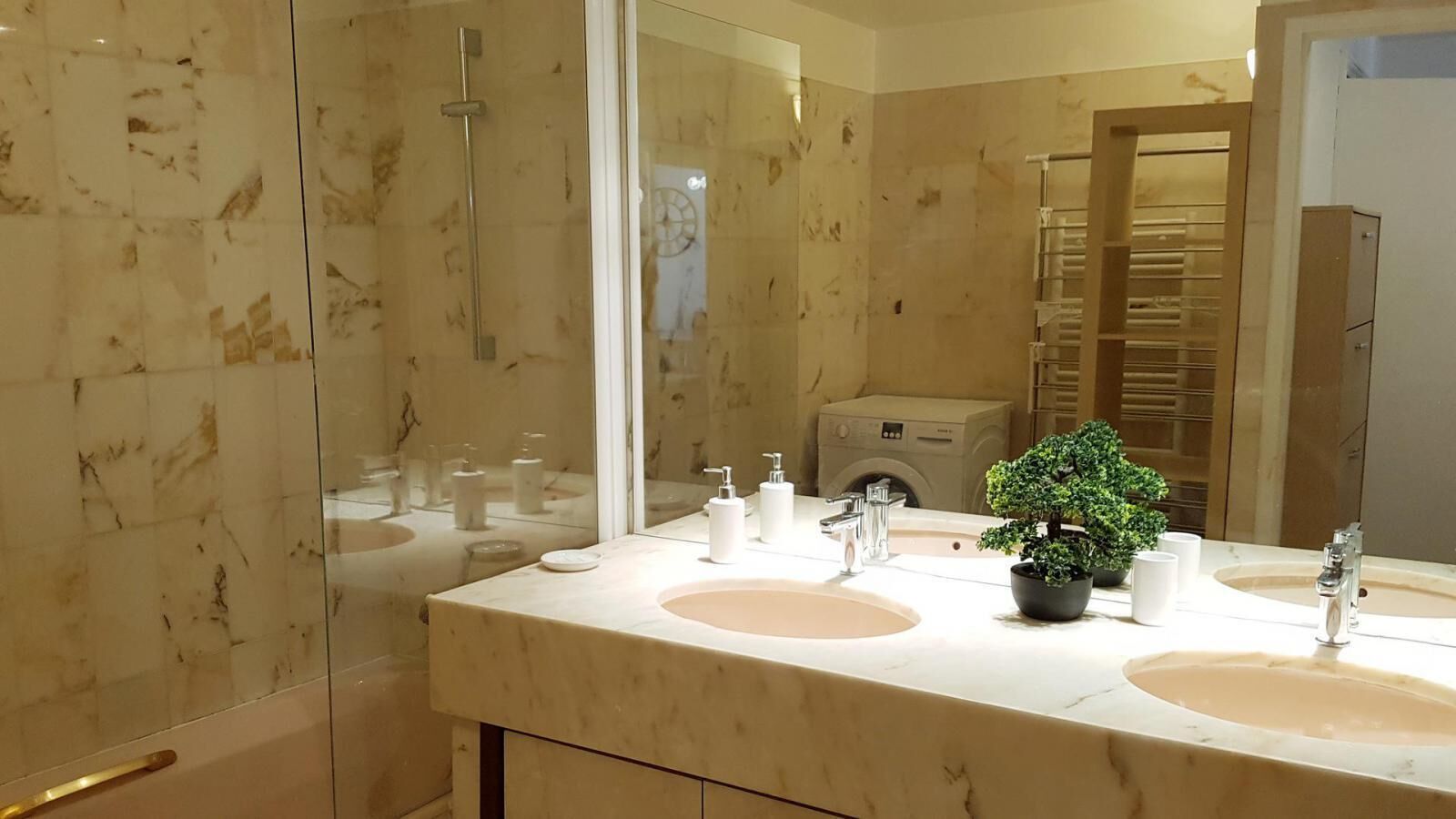 A bathroom with two sinks, a large mirror, a potted plant, and a towel rack.