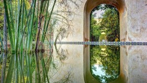 Eine Brücke mit deutlichem Spiegelbild im Wasser, umgeben von viel Grün.