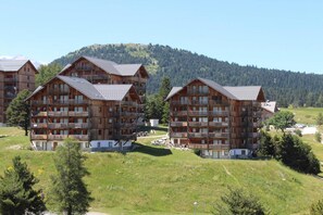 A cluster of wooden multi-story buildings with balconies, set in a mountainous area with green fields and trees. - 200m from ski slopes, 3rd floor, view mountain, balcony, tv, 31m², Superdévoluy (Le Dévoluy)