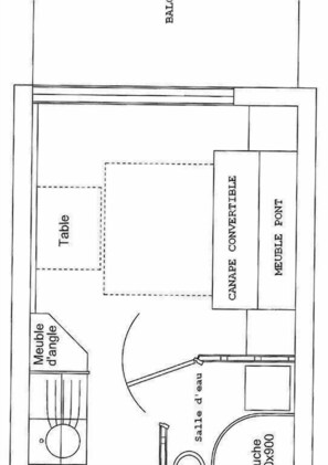 A floor plan with a table, a convertible canopy, a meuble pont, a salle d'eau, and a meuble d'angle. - 1st floor, view ski slopes, balcony, 12m², Valmorel (Valmorel)