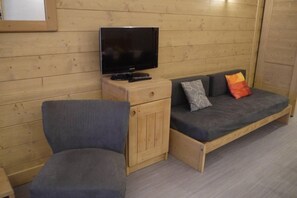 A wooden cabin interior with a sofa, a chair, and a television on a wooden cabinet. - 80m from ski lifts, view ski slopes, terrace, ski locker, 43m², Méribel-Mottaret (Méribel - Les Allues)