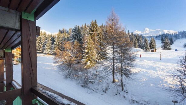 A snowy landscape with a wooden balcony overlooking a snow-covered area with trees and a mountain in the background. - 100m from resort center, 8th floor, balcony, tv, 27m², Les Arcs (Les Arcs)