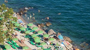 Une plage avec de nombreux parasols verts et blancs à rayures, des chaises longues, et des gens qui se baignent et se détendent.