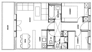 Grundriss eines Hotels mit Balkon, Essbereich, Küche, WC und zwei Schlafzimmern.