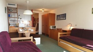 A compact room with a kitchenette, a dining area, and a sofa. - Wifi, 100m from ski slopes, 2nd floor, balcony, tv, ski locker, 27m², La Rosière (La Rosière Montvalezan)