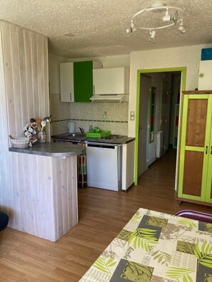 Cozinha com ilha central, lava-louças e micro-ondas. Um armário verde acima da pia e um armário de madeira com porta verde.